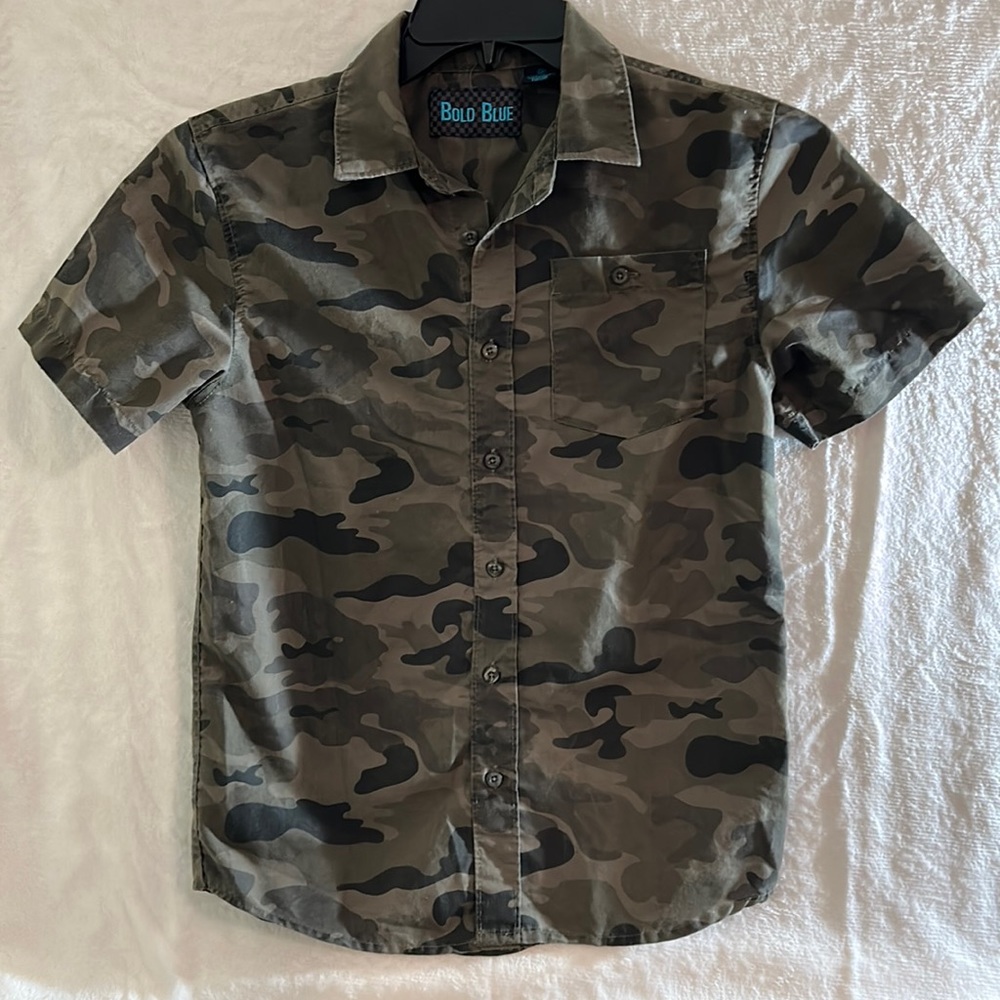 Boys Bold Blue Medium Camouflage Button Down Short Sleeves Shirt
